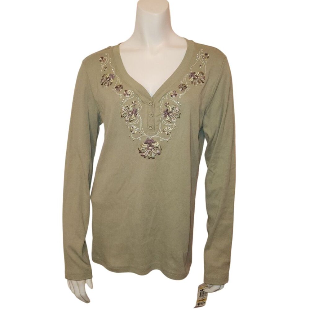 Karen Scott Jersey Long Sleeve Floral Embroidered T Shirt Womens Size Medium